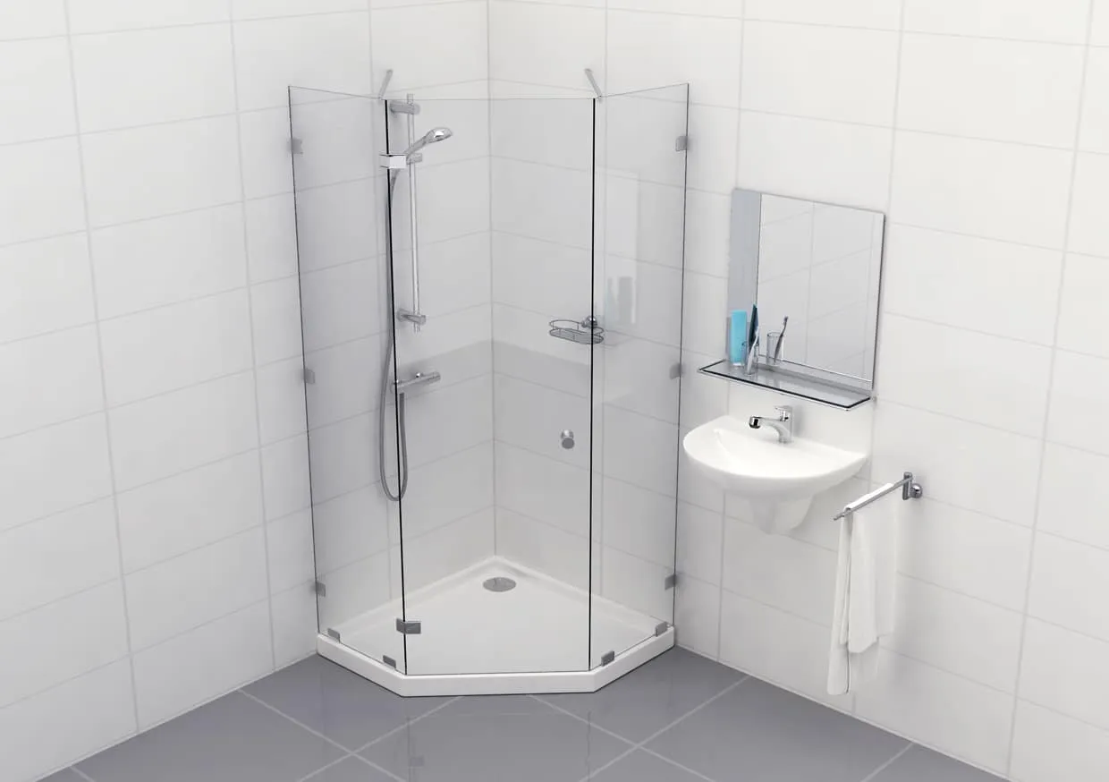 Douchecabine vijfhoekig transparant glas met glasklem Type 11