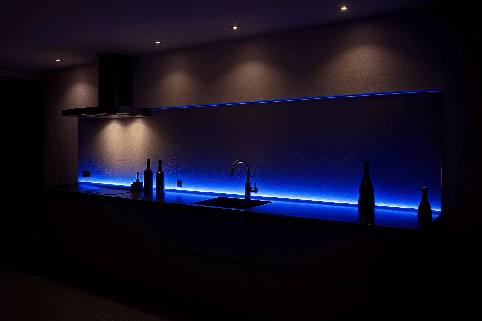 Glazen keukenwand LED verlichting blauw